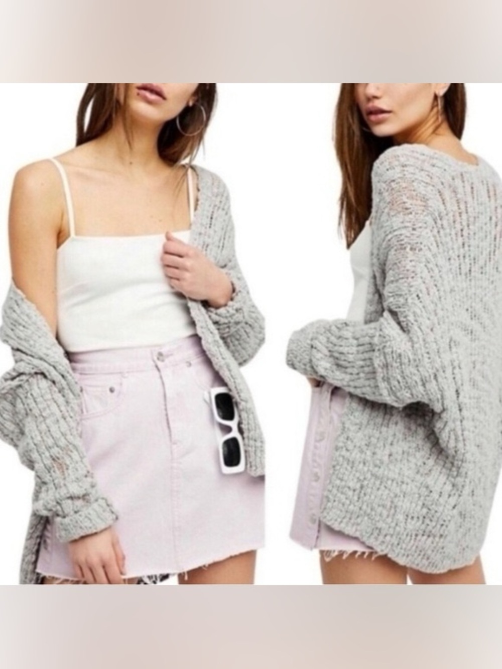 Free People Light Gray Chunky Knit Open-Front Cardigan, Size XS
